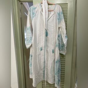 Julia Amory embroidered blue and white tassel caftan - size medium